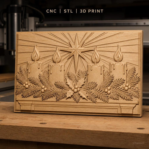 Fichier CNC & impression 3D décoration de Noël, bougies, houx, étoile, haute qualité relief STL