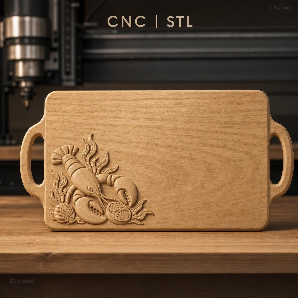 Fichier CNC plateau homard, coquillages et citron, bas-relief pour sculpture sur bois, STL