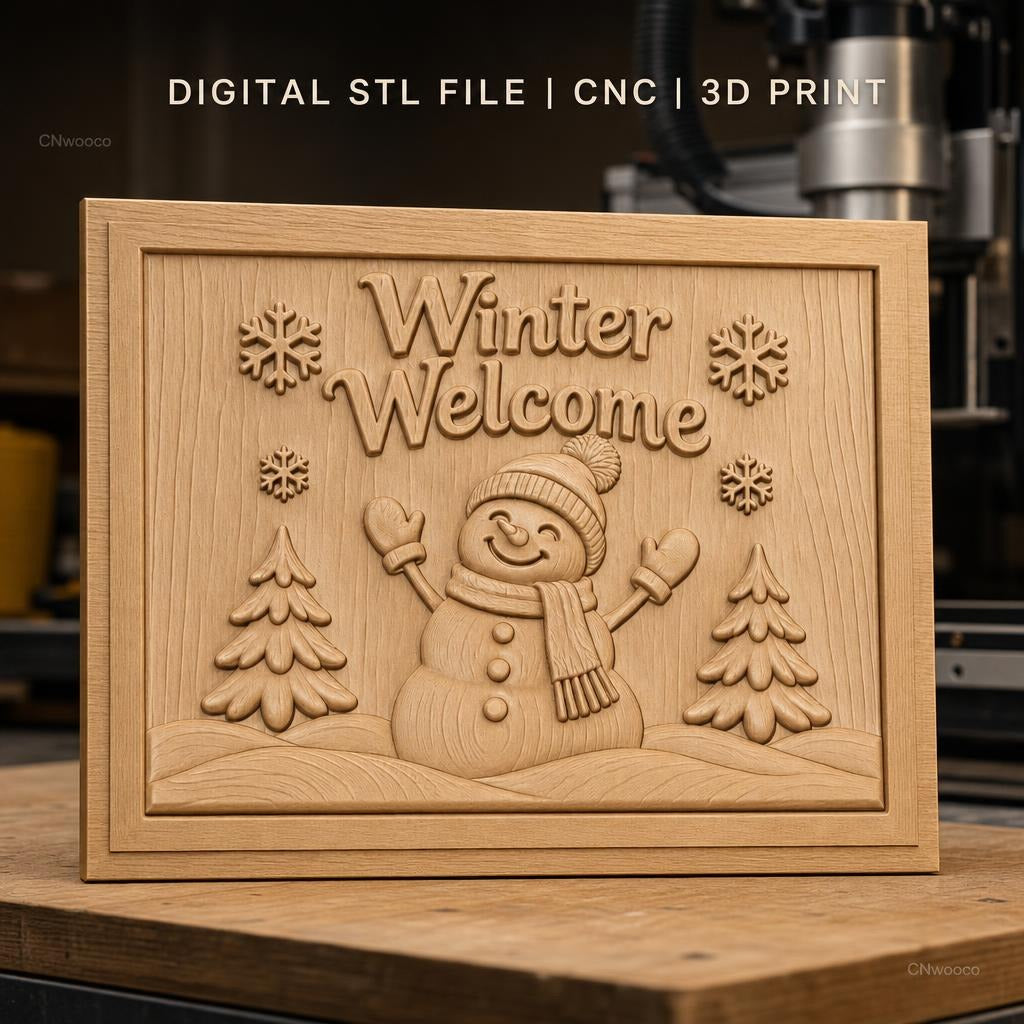 Fichier CNC & impression 3D bonhomme de neige hiver, sapins et flocons, haute qualité relief STL