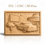 Fichier CNC & impression 3D scène drive-in rétro avec voitures vintage, panneau publicitaire et kiosque, haute qualité relief STL