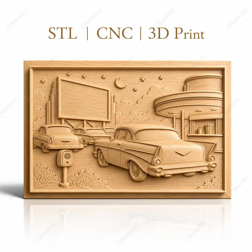 Fichier CNC & impression 3D scène drive-in rétro avec voitures vintage, panneau publicitaire et kiosque, haute qualité relief STL