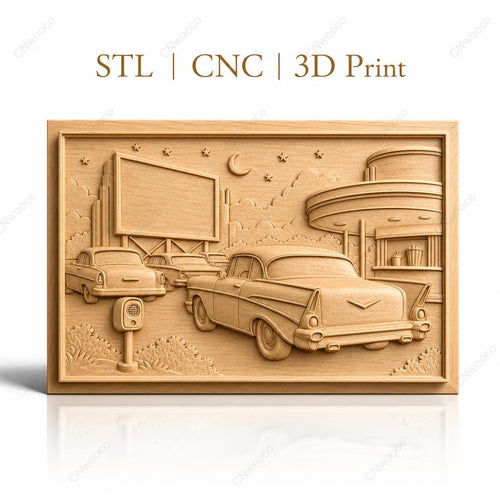 Fichier CNC & impression 3D scène drive-in rétro avec voitures vintage, panneau publicitaire et kiosque, haute qualité relief STL