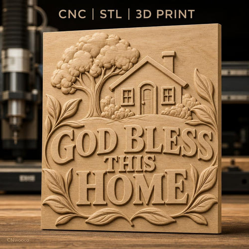Fichier CNC & impression 3D maison avec arbre, texte God Bless This Home, haute qualité relief STL