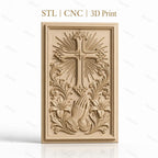 Fichier CNC & impression 3D religieux, croix, mains en prière et lys, haute qualité relief STL