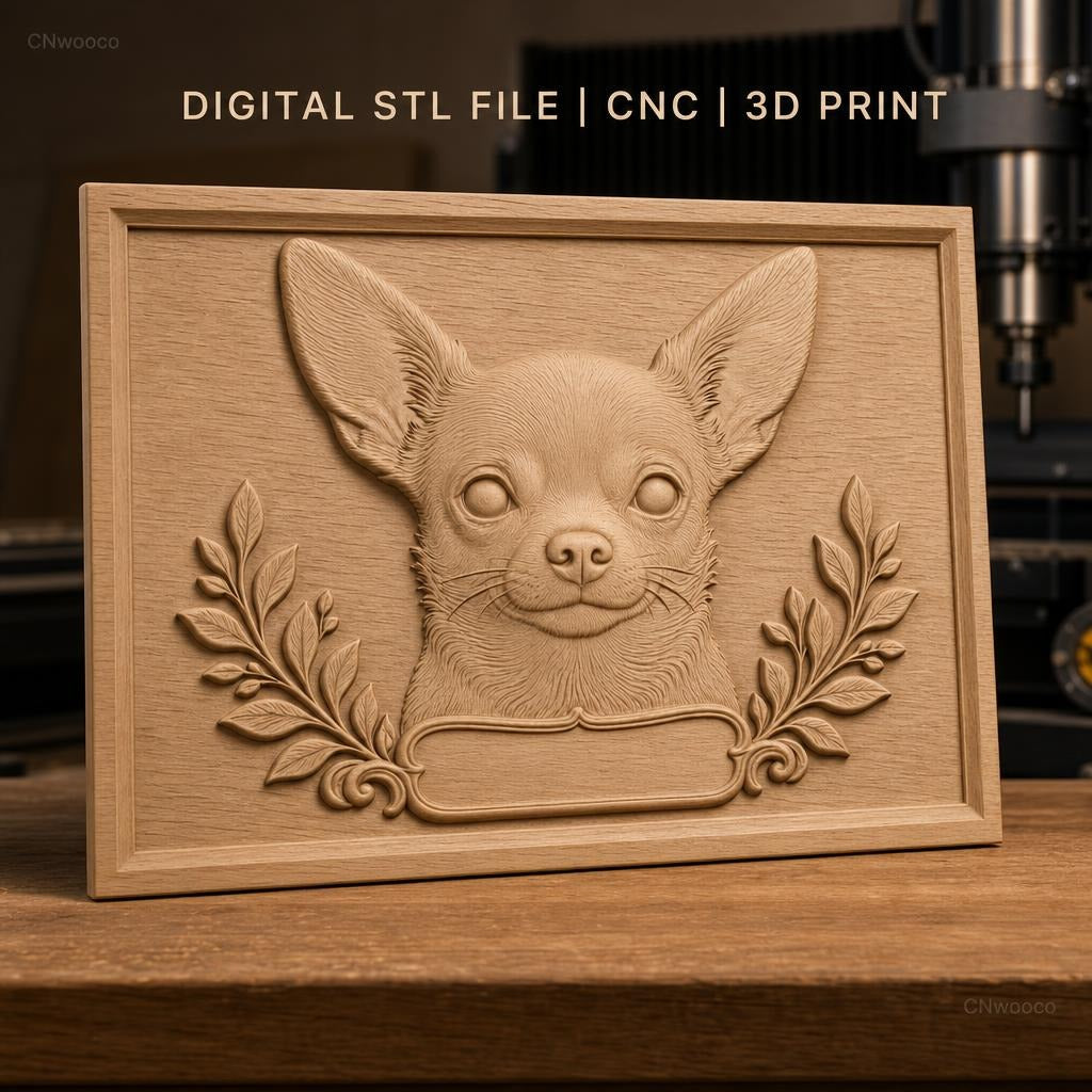 Fichier CNC & impression 3D chihuahua, relief portrait chien et décor feuillage, haute qualité relief STL