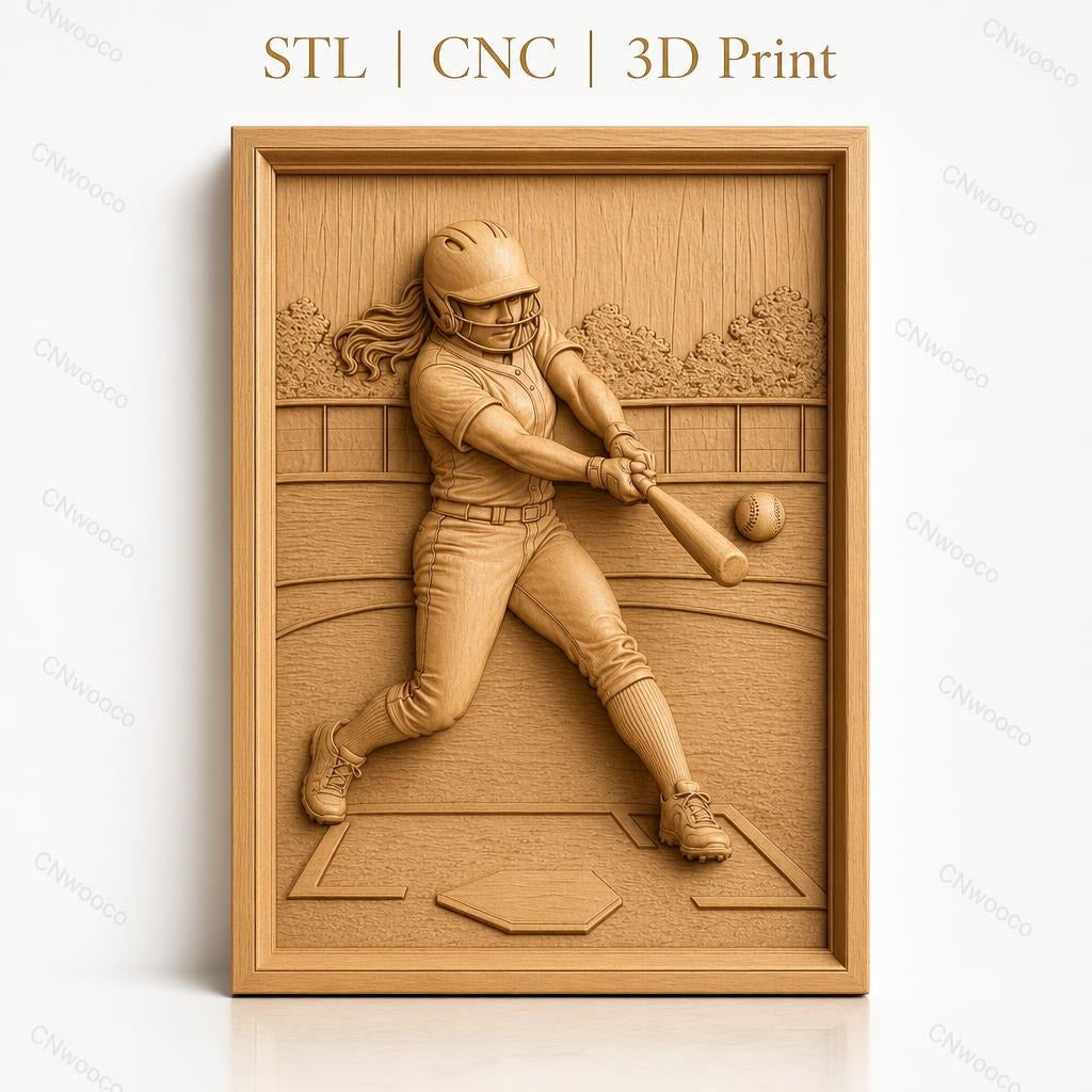 Fichier CNC & impression 3D Softball joueur battant balle, terrain et casque, haute qualité relief STL