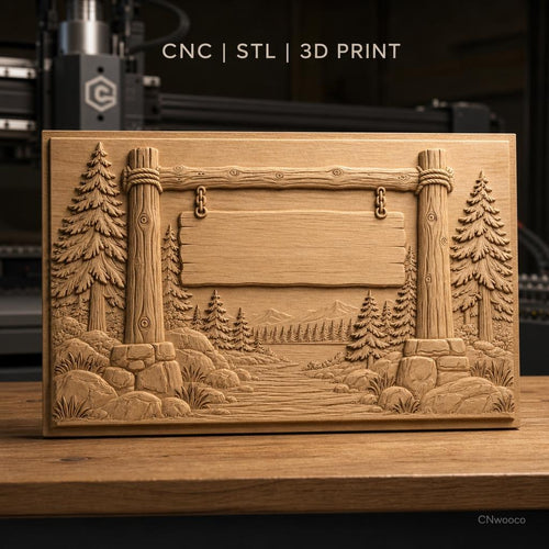 Fichier CNC & impression 3D panneau bois, paysage forêt, montagne et rivière, haute qualité relief STL