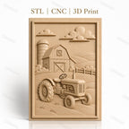 Fichier CNC & impression 3D ferme avec tracteur et grange, paysage champêtre, haute qualité relief STL
