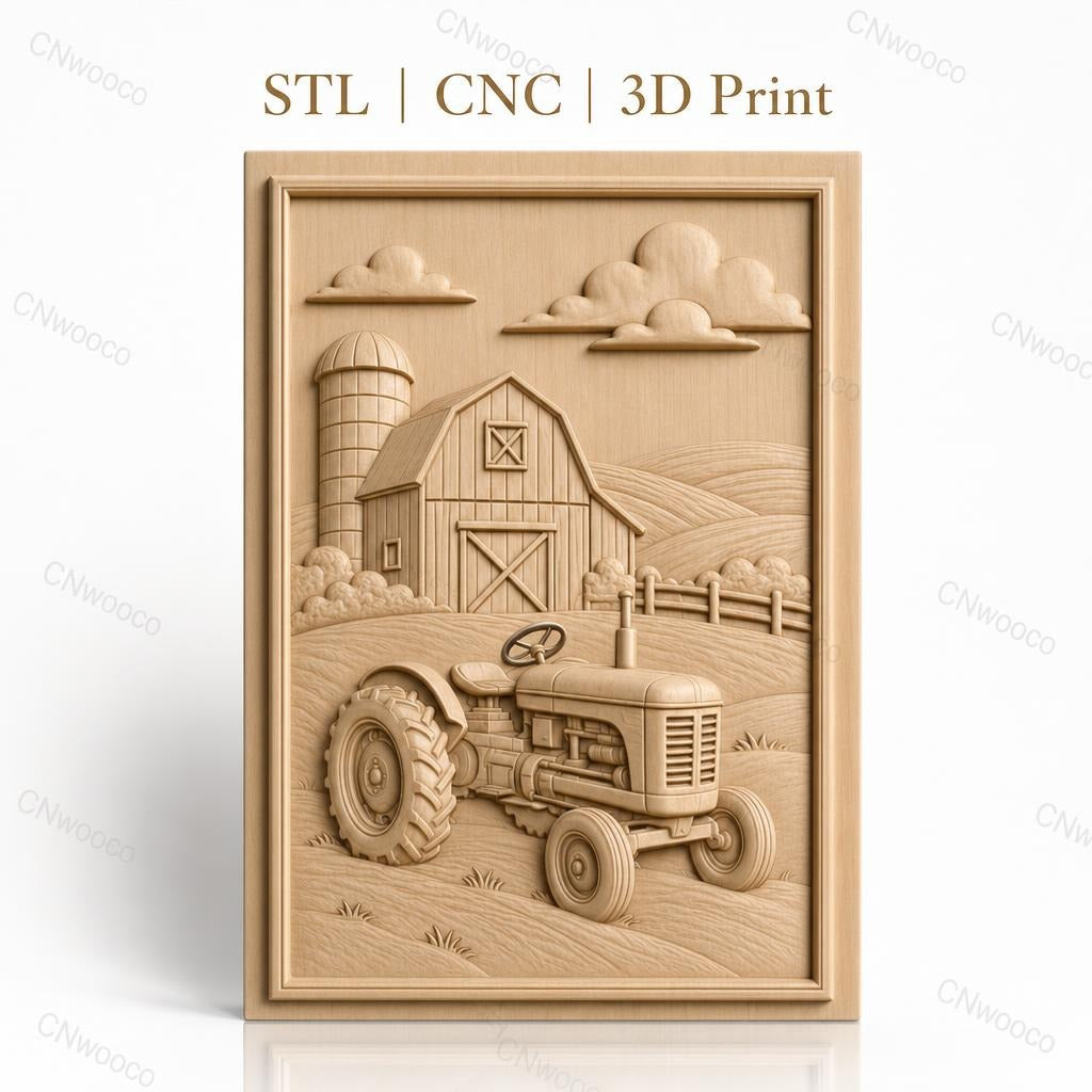 Fichier CNC & impression 3D ferme avec tracteur et grange, paysage champêtre, haute qualité relief STL