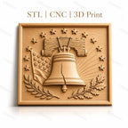 Fichier CNC & impression 3D cloche de la liberté avec drapeau américain et étoiles, haute qualité relief STL
