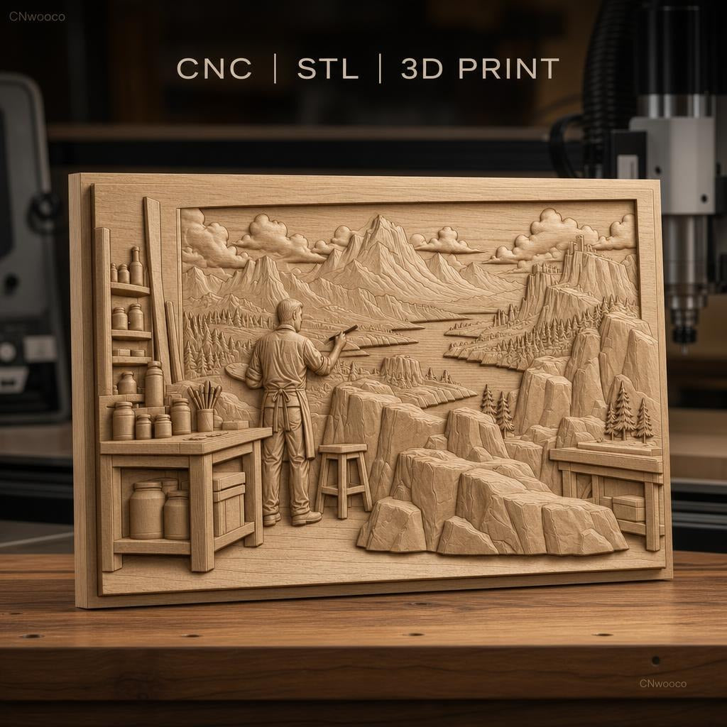 Fichier CNC & impression 3D peintre paysage montagne rivière atelier, haute qualité relief STL