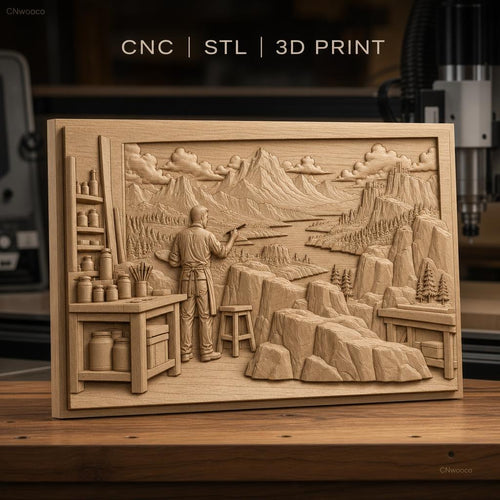 Fichier CNC & impression 3D peintre paysage montagne rivière atelier, haute qualité relief STL