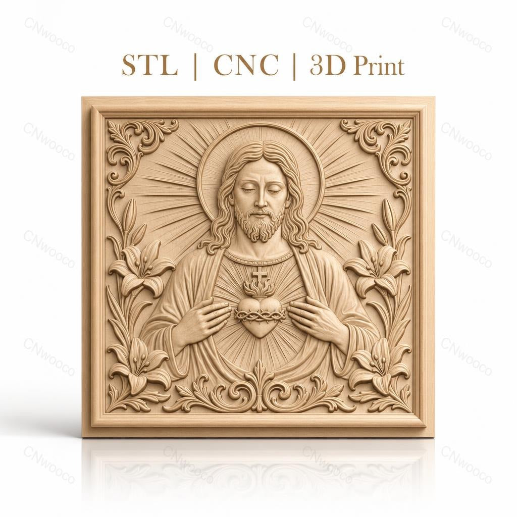 Fichier CNC & impression 3D Jésus Christ, cœur sacré, lys et ornements, haute qualité relief STL