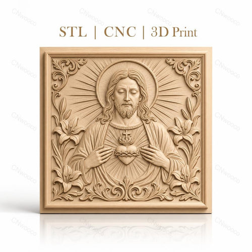Fichier CNC & impression 3D Jésus Christ, cœur sacré, lys et ornements, haute qualité relief STL