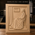 Fichier CNC & impression 3D femme assise robe longue, relief intérieur avec cadre et rideau, haute qualité relief STL