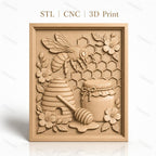 Fichier CNC & impression 3D thème abeille, ruche, pot de miel, fleurs et alvéoles, haute qualité relief STL