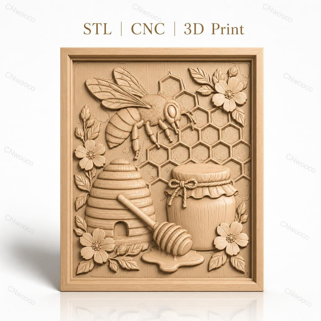 Fichier CNC & impression 3D thème abeille, ruche, pot de miel, fleurs et alvéoles, haute qualité relief STL