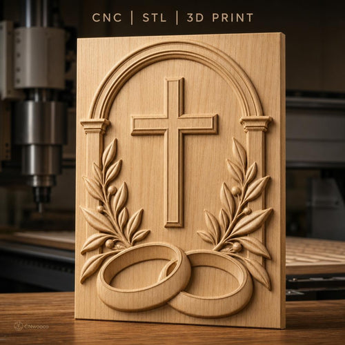 Fichier CNC & impression 3D mariage religieux, croix, alliances et feuilles, haute qualité relief STL