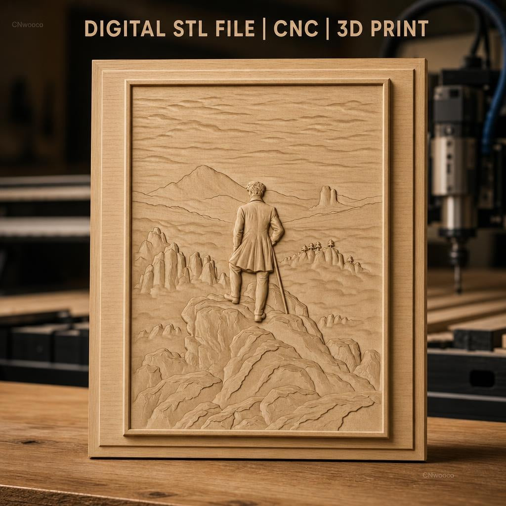 Fichier CNC & impression 3D homme en veste sur sommet de montagne, paysage de rochers et vallées, haute qualité relief STL