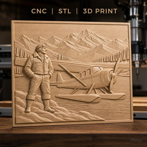 Fichier CNC & impression 3D pilote d'avion et hydravion sur lac montagnard, haute qualité relief STL