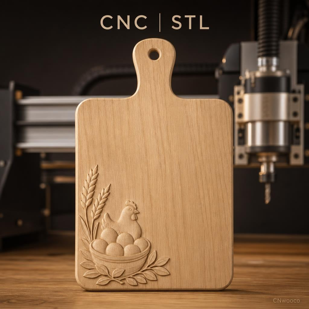 Fichier CNC Poule, panier d'œufs et épis de blé, bas-relief pour sculpture sur bois, STL