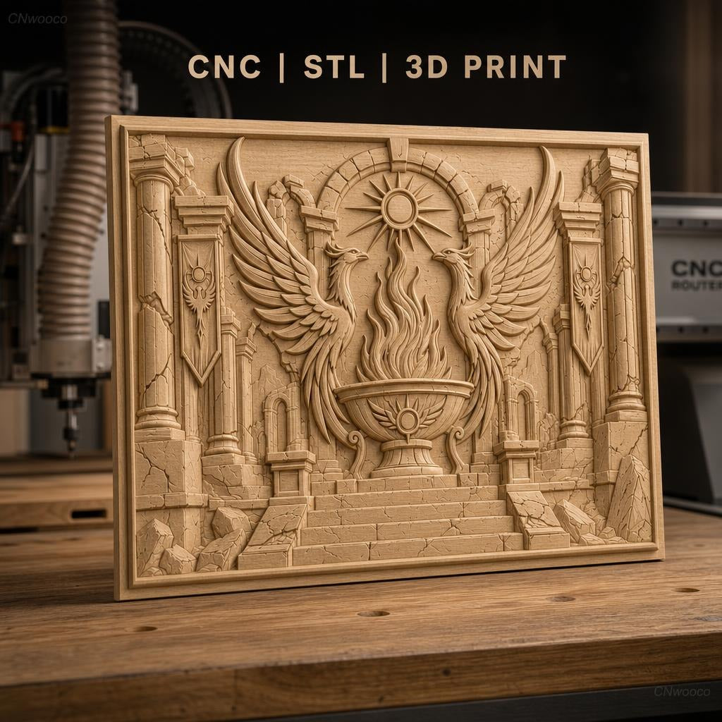 Fichier CNC & impression 3D phénix, flamme sacrée et ruines antiques haute qualité relief STL