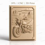 Fichier CNC & impression 3D moto cruiser, route désertique avec buttes et nuages, haute qualité relief STL