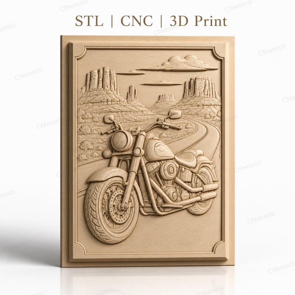 Fichier CNC & impression 3D moto cruiser, route désertique avec buttes et nuages, haute qualité relief STL