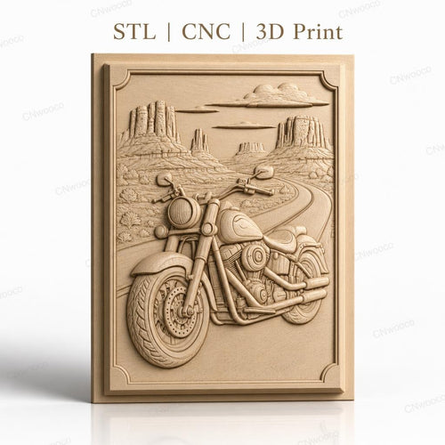 Fichier CNC & impression 3D moto cruiser, route désertique avec buttes et nuages, haute qualité relief STL