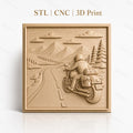 Fichier CNC & impression 3D road trip moto, motard sur route montagne, arbres et ciel, haute qualité relief STL