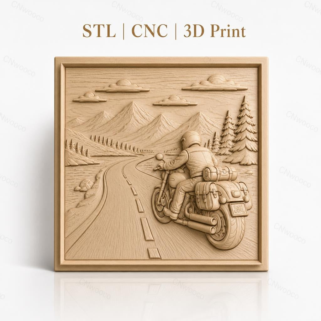 Fichier CNC & impression 3D road trip moto, motard sur route montagne, arbres et ciel, haute qualité relief STL