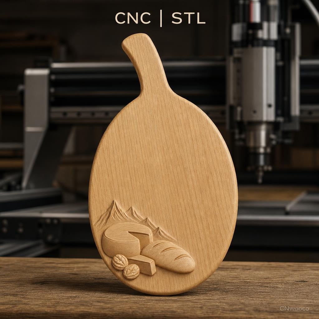 Fichier CNC planche à découper fromage pain noix montagne bas-relief pour sculpture sur bois, STL