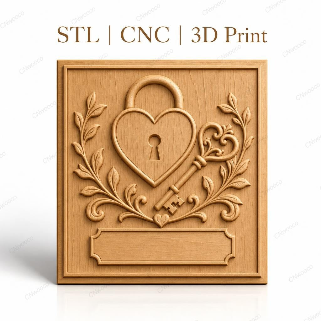 Fichier CNC & impression 3D serrure cœur, clé ornementale et feuillage, haute qualité relief STL