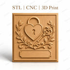 Fichier CNC & impression 3D serrure cœur, clé ornementale et feuillage, haute qualité relief STL