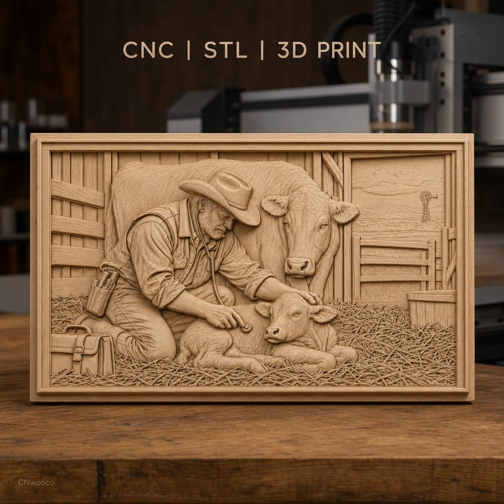 Fichier CNC & impression 3D vétérinaire et vaches, fermier médecin avec veau dans grange, haute qualité relief STL