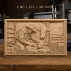 Fichier CNC & impression 3D vétérinaire et vaches, fermier médecin avec veau dans grange, haute qualité relief STL