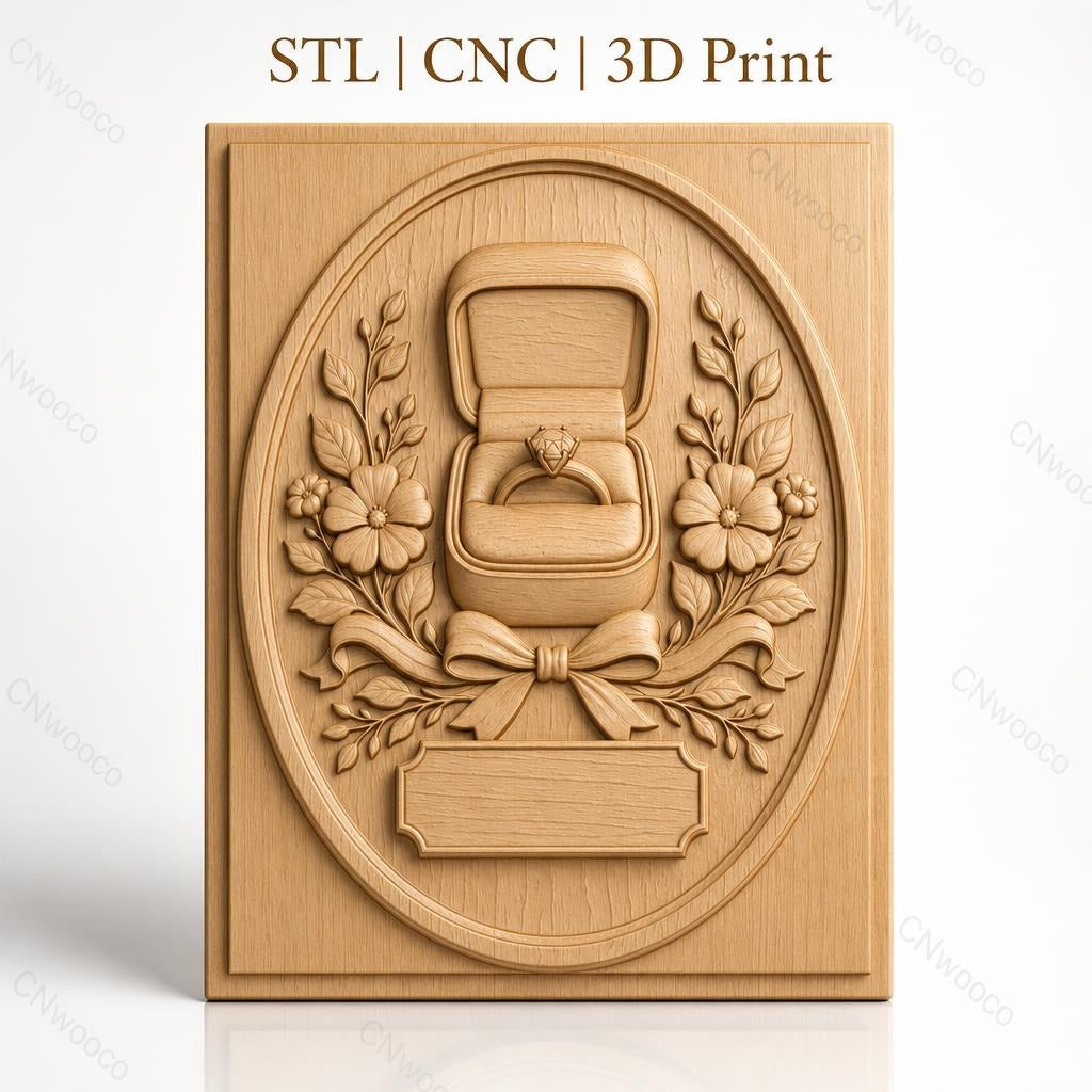 Fichier CNC & impression 3D bague de fiançailles, boîte à bijoux, fleurs et ruban, haute qualité relief STL