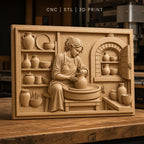 Fichier CNC & impression 3D scène potier femme, tour de potier, pots, atelier, haute qualité relief STL