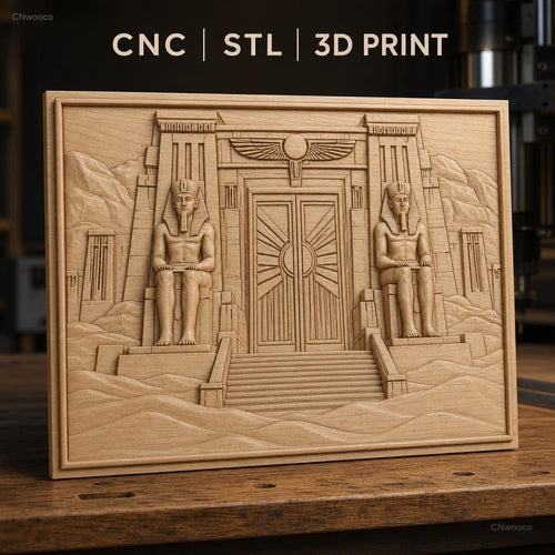 Fichier CNC & impression 3D temple égyptien, statues de pharaon, porte ornée, haute qualité relief STL