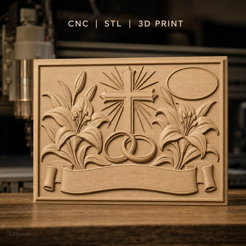 Fichier CNC & impression 3D thème mariage, croix, anneaux, lys, bannière, haute qualité relief STL
