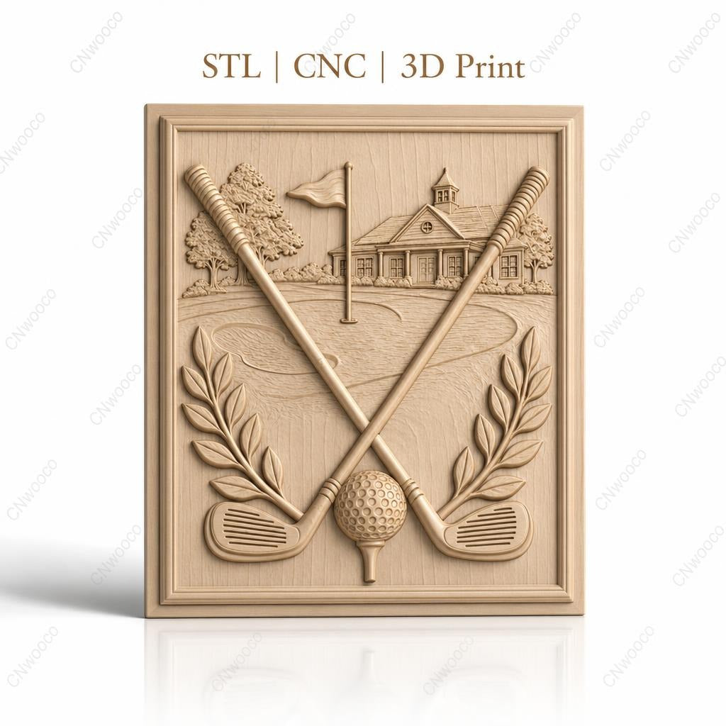 Fichier CNC & impression 3D golf, clubs croisés, balle sur tee, drapeau et club house haute qualité relief STL