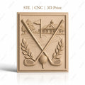 Fichier CNC & impression 3D golf, clubs croisés, balle sur tee, drapeau et club house haute qualité relief STL