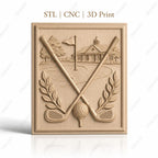 Fichier CNC & impression 3D golf, clubs croisés, balle sur tee, drapeau et club house haute qualité relief STL