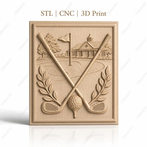 Fichier CNC & impression 3D golf, clubs croisés, balle sur tee, drapeau et club house haute qualité relief STL