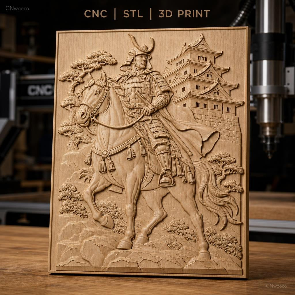Fichier CNC & impression 3D samouraï à cheval, château japonais, arbres et rochers, haute qualité relief STL