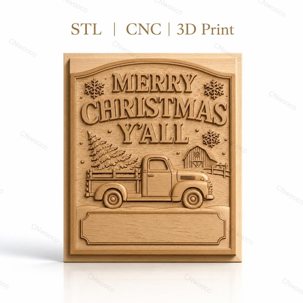 Fichier CNC & impression 3D thème Noël, camion de ferme avec sapin et grange, haute qualité relief STL