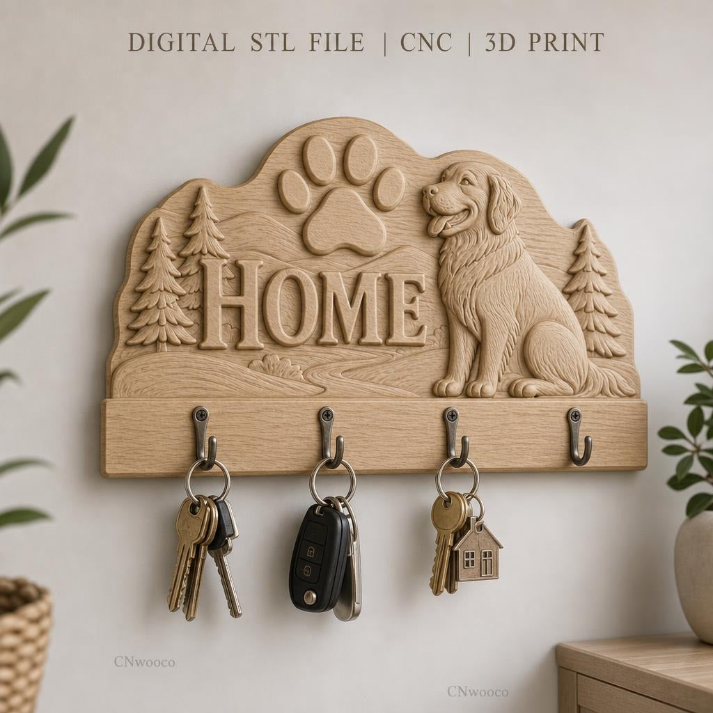 Fichier CNC porte-clés mural enseigne murale chien et patte, décor accueil HOME, STL très haute qualité