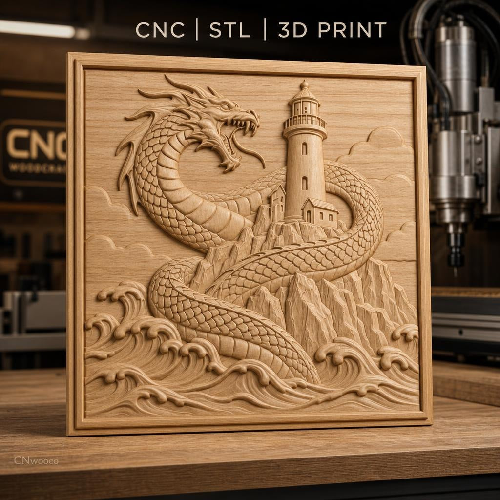 Fichier CNC & impression 3D dragon marin, phare et vagues sculptés, haute qualité relief STL