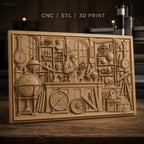 Fichier CNC & impression 3D cabinet de curiosités scientifiques, globes, télescopes, outils de mesure haute qualité relief STL