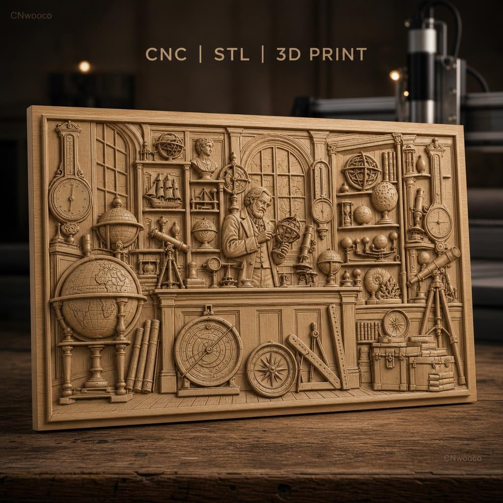Fichier CNC & impression 3D cabinet de curiosités scientifiques, globes, télescopes, outils de mesure haute qualité relief STL